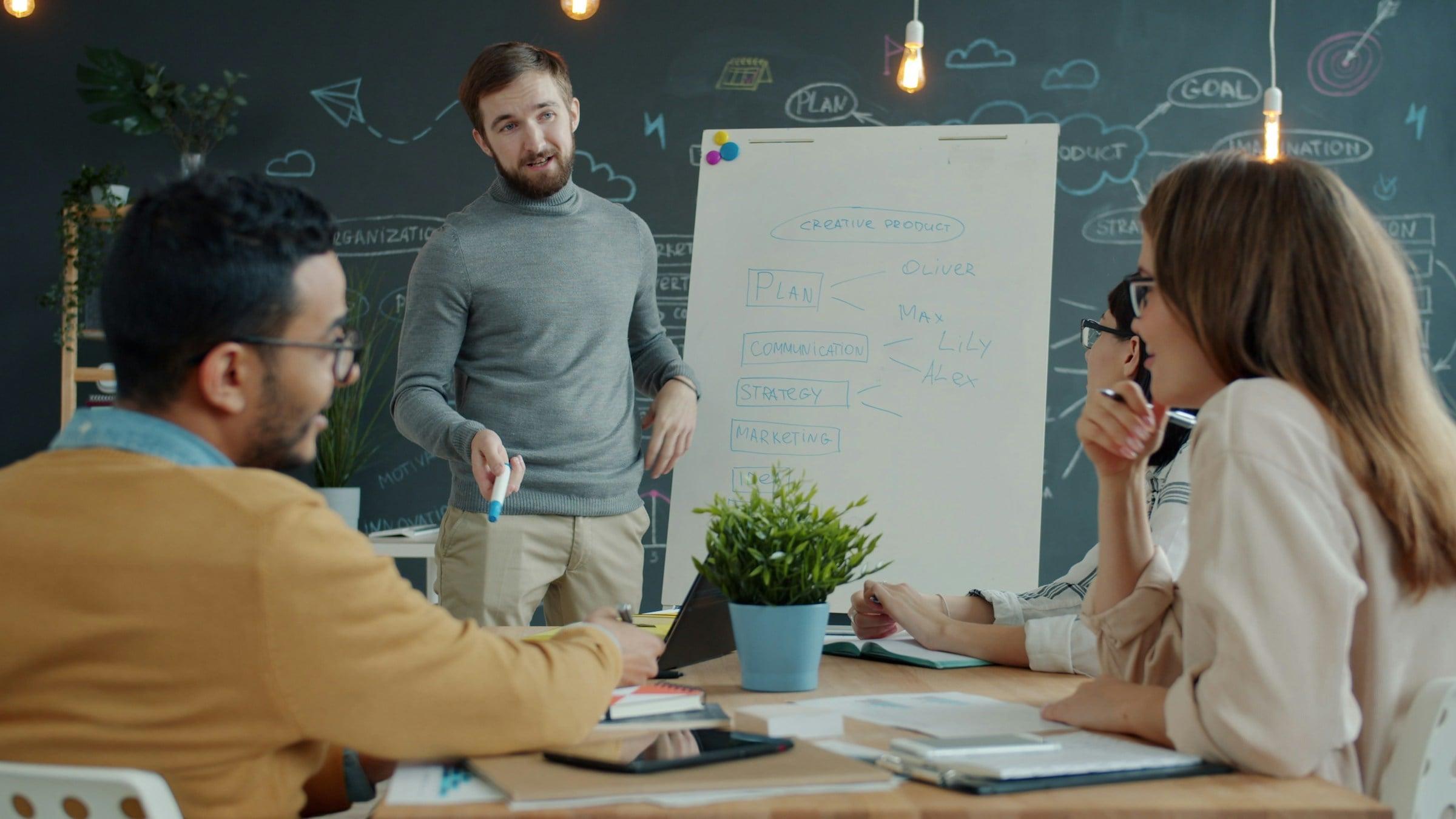 Team collaborating around a whiteboard during a strategy planning meeting for marketing operations