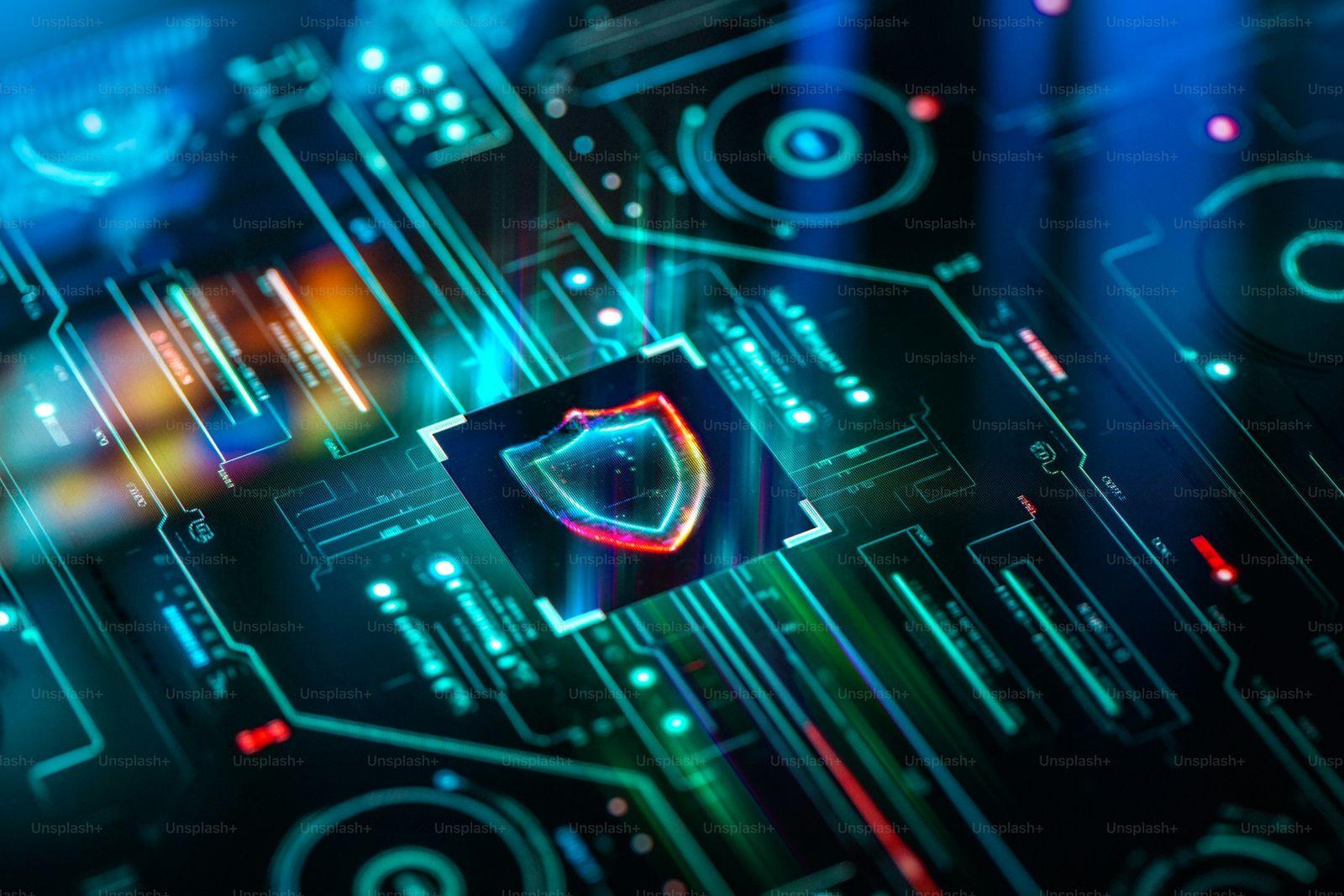 Digital security and data governance shield on futuristic screen representing modern attribution infrastructure
