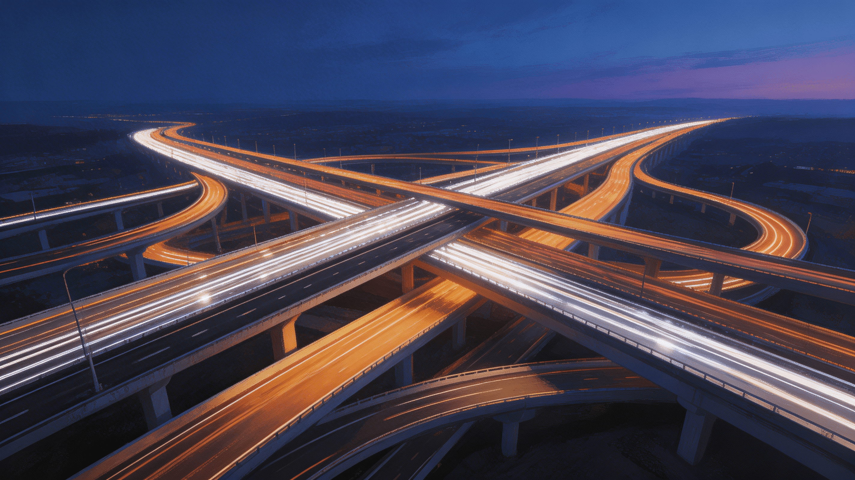 An aerial view of a complex highway interchange at twilight, with streams of car lights forming intersecting patterns of warm amber and cool white against the deep blue dusk sky