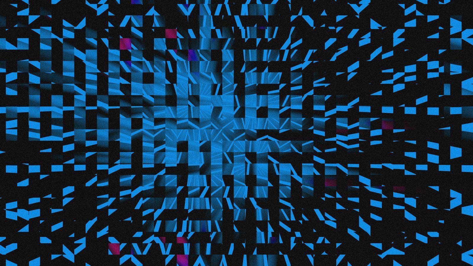 Blue and black abstract background with square design.